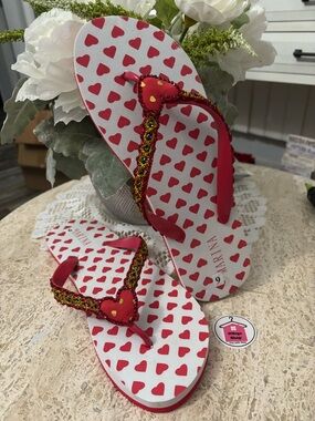🌸. #5017. Red Heart Print Flip Flops with Beaded Heart Straps